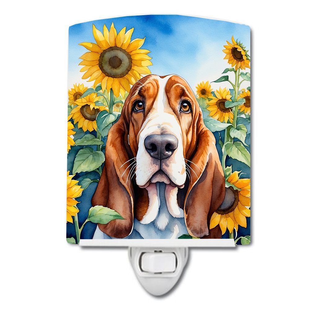NEW Basset Hound in Sunflowers Ceramic Night Light Compact, UL-Certified, Ideal for Bedroom, Bathroom, Nursery, Hallway, Kitchen
