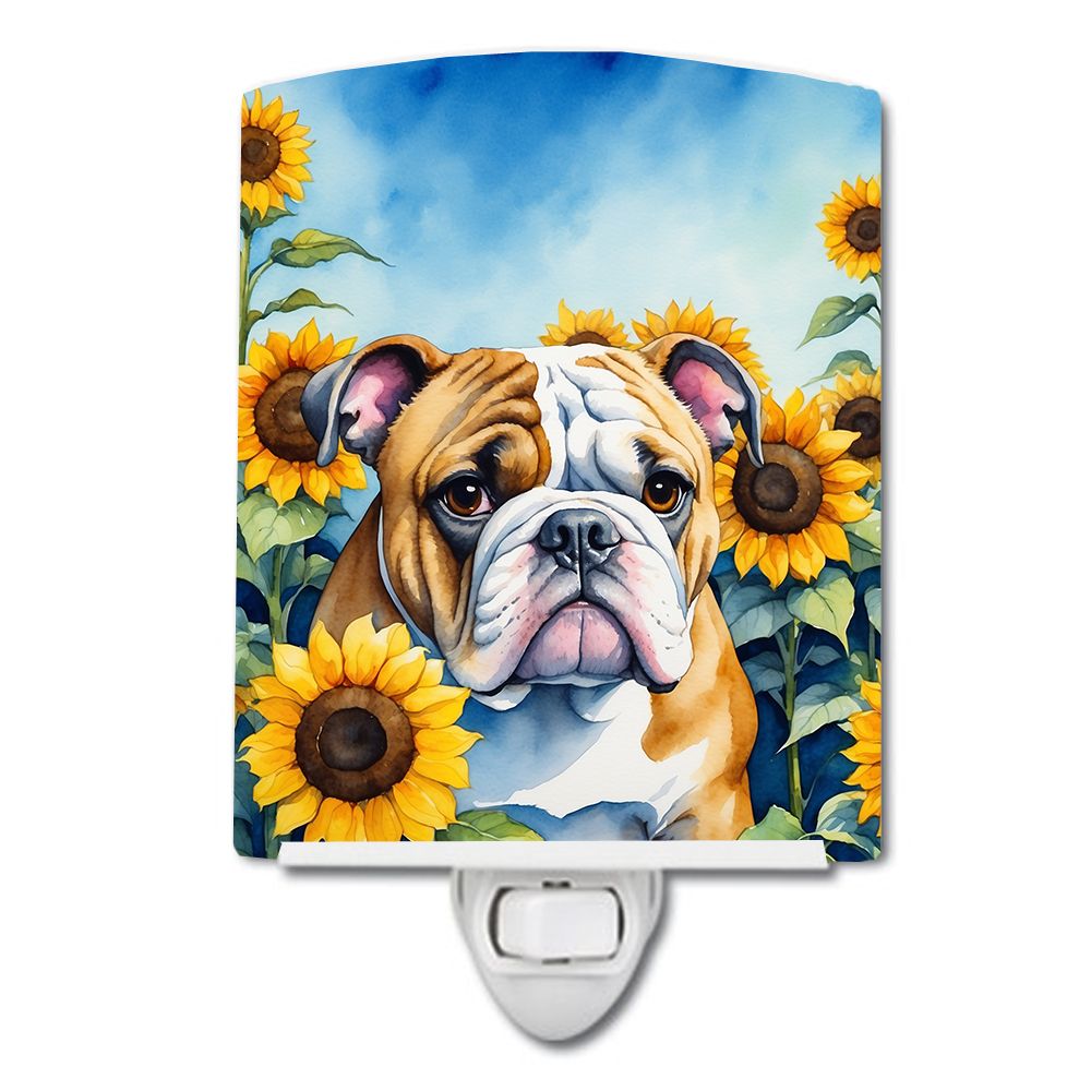 NEW English Bulldog in Sunflowers Ceramic Night Light Compact, UL-Certified, Ideal for Bedroom, Bathroom, Nursery, Hallway, Kitc
