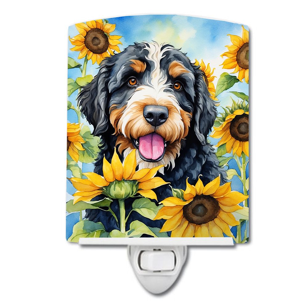 NEW Bernedoodle in Sunflowers Ceramic Night Light Compact, UL-Certified, Ideal for Bedroom, Bathroom, Nursery, Hallway, Kitchen,