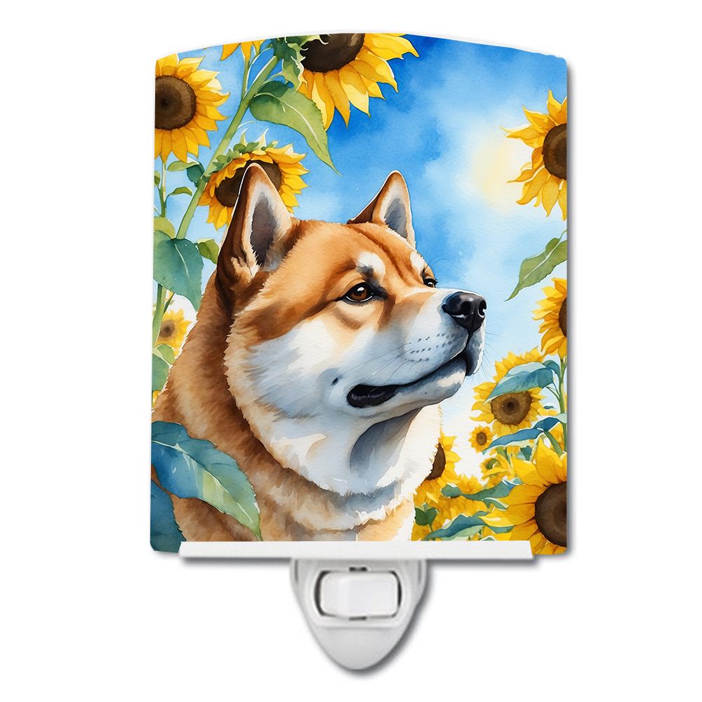 NEW Akita in Sunflowers Ceramic Night Light Compact, UL-Certified, Ideal for Bedroom, Bathroom, Nursery, Hallway, Kitchen, 6x4x3