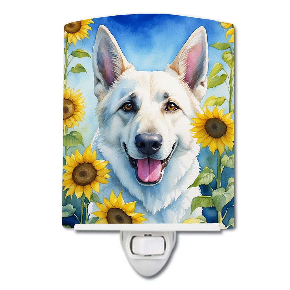 NEW White German Shepherd in Sunflowers Ceramic Night Light Compact, UL-Certified, Ideal for Bedroom, Bathroom, Nursery, Hallway