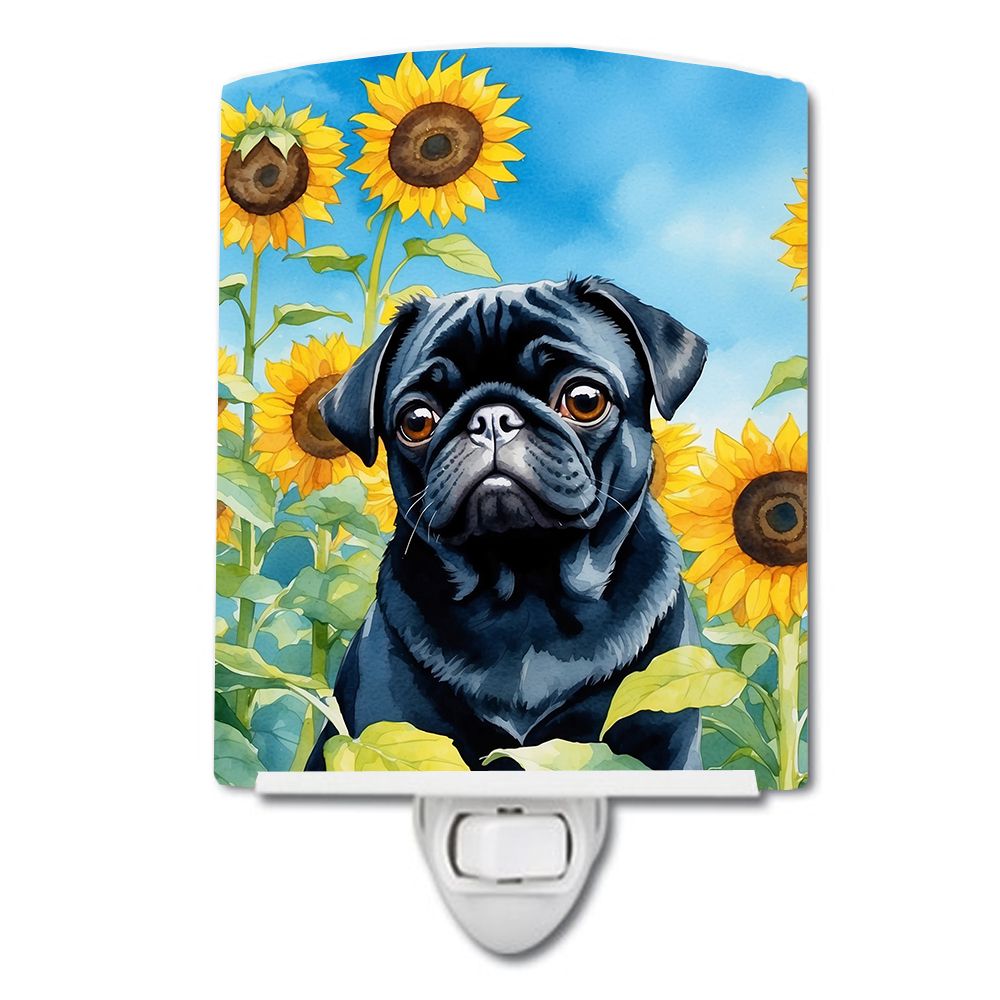 NEW Pug in Sunflowers Ceramic Night Light Compact, UL-Certified, Ideal for Bedroom, Bathroom, Nursery, Hallway, Kitchen, 6x4x3, 