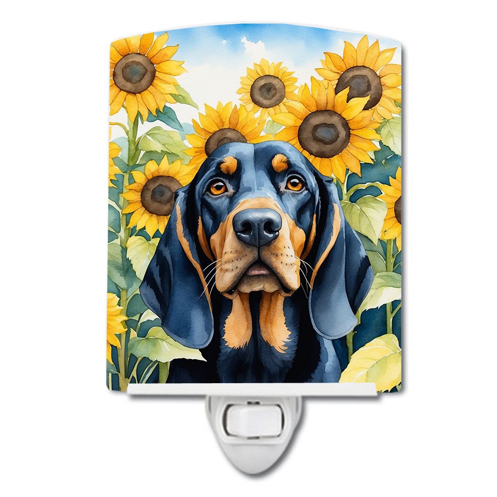 NEW Black and Tan Coonhound in Sunflowers Ceramic Night Light Compact, UL-Certified, Ideal for Bedroom, Bathroom, Nursery, Hallw