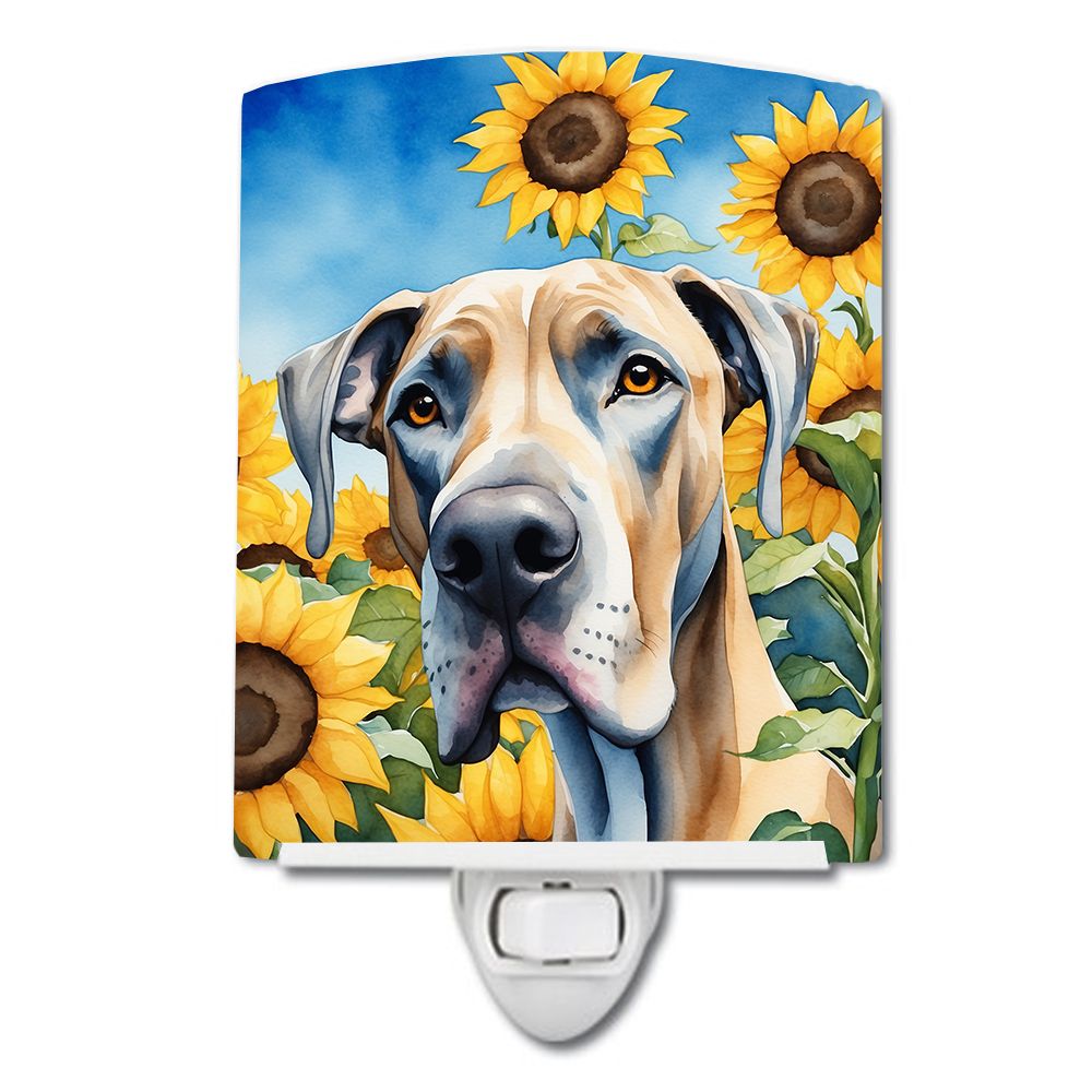 NEW Great Dane in Sunflowers Ceramic Night Light Compact, UL-Certified, Ideal for Bedroom, Bathroom, Nursery, Hallway, Kitchen, 