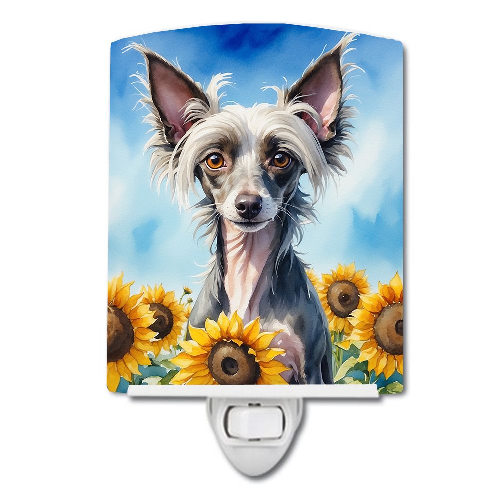 NEW Chinese Crested in Sunflowers Ceramic Night Light Compact, UL-Certified, Ideal for Bedroom, Bathroom, Nursery, Hallway, Kitc