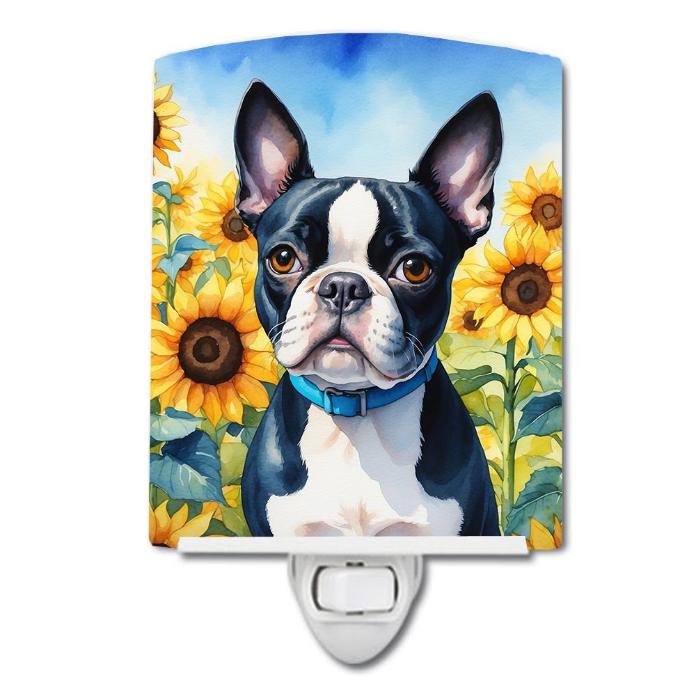 NEW Boston Terrier in Sunflowers Ceramic Night Light Compact, UL-Certified, Ideal for Bedroom, Bathroom, Nursery, Hallway, Kitch