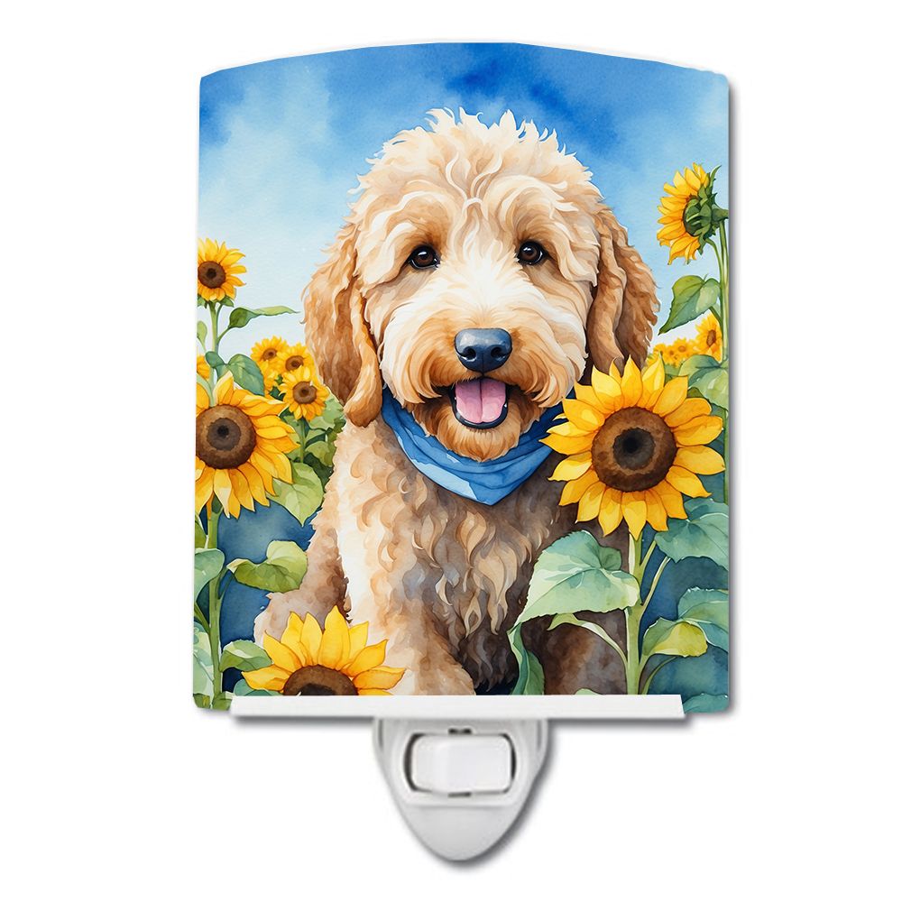 NEW Goldendoodle in Sunflowers Ceramic Night Light Compact, UL-Certified, Ideal for Bedroom, Bathroom, Nursery, Hallway, Kitchen
