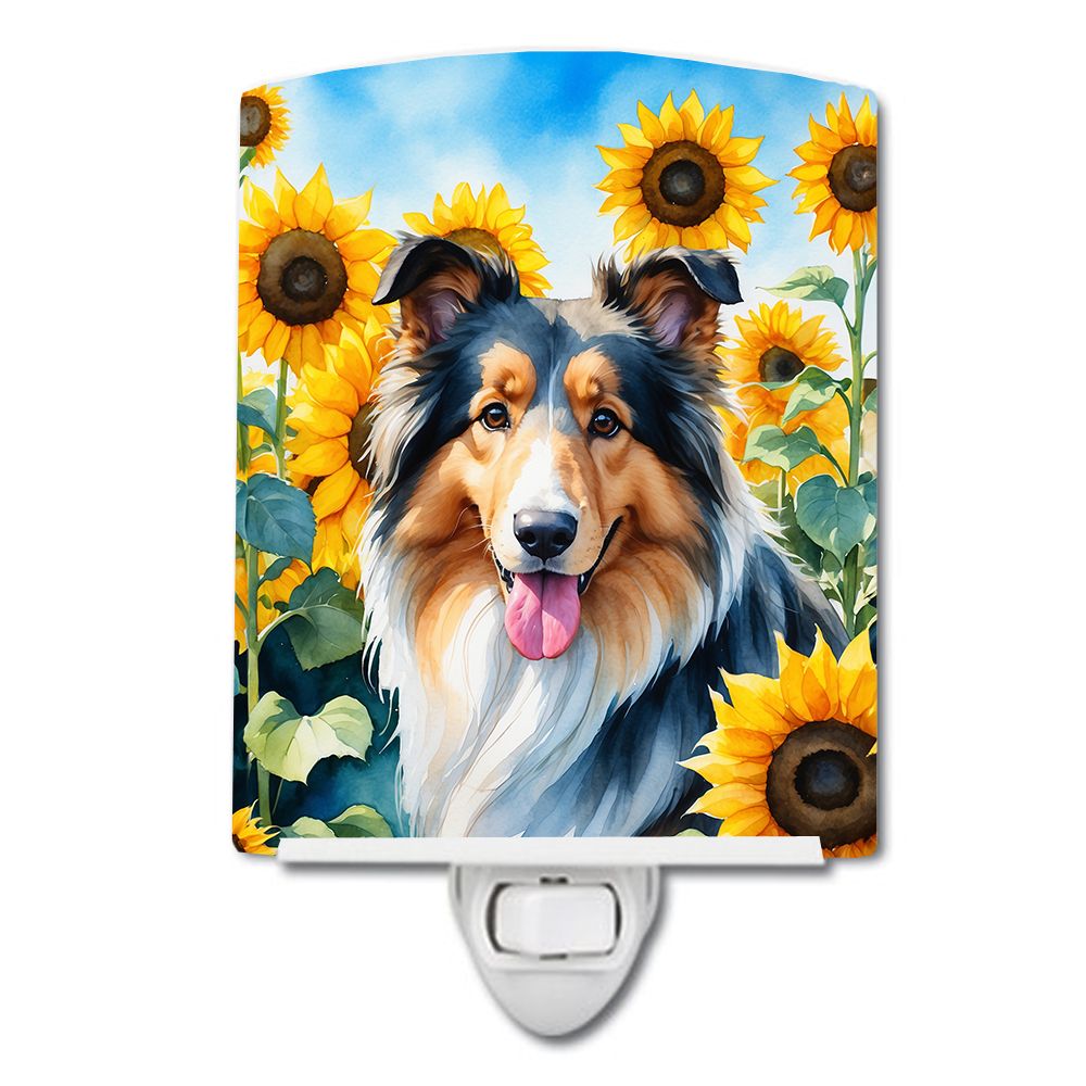 NEW Collie in Sunflowers Ceramic Night Light Compact, UL-Certified, Ideal for Bedroom, Bathroom, Nursery, Hallway, Kitchen, 6x4x