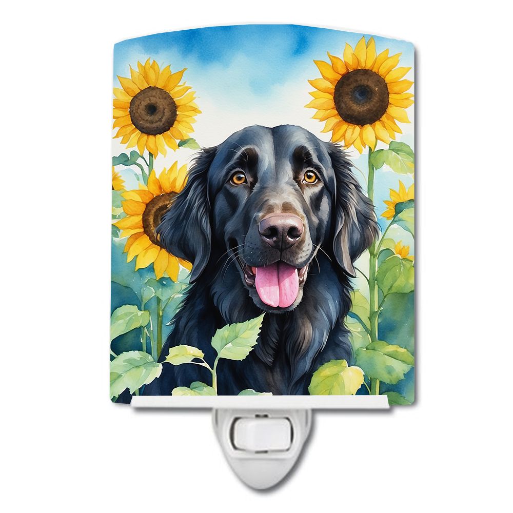 NEW Flat-Coated Retriever in Sunflowers Ceramic Night Light Compact, UL-Certified, Ideal for Bedroom, Bathroom, Nursery, Hallway