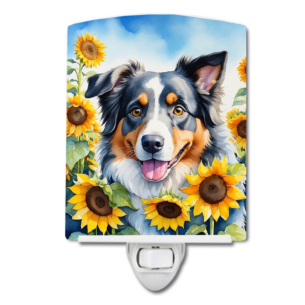 NEW Australian Shepherd in Sunflowers Ceramic Night Light Compact, UL-Certified, Ideal for Bedroom, Bathroom, Nursery, Hallway, 