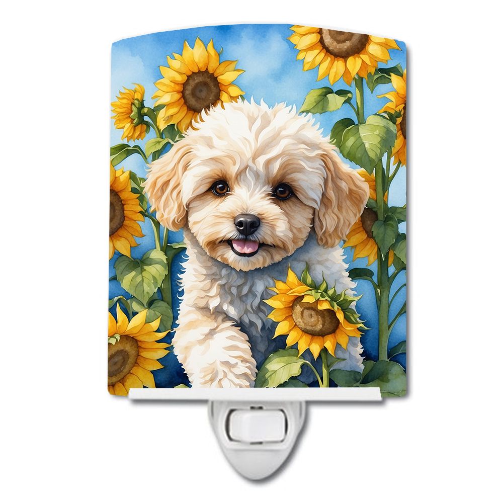 NEW Maltipoo in Sunflowers Ceramic Night Light Compact, UL-Certified, Ideal for Bedroom, Bathroom, Nursery, Hallway, Kitchen, 6x