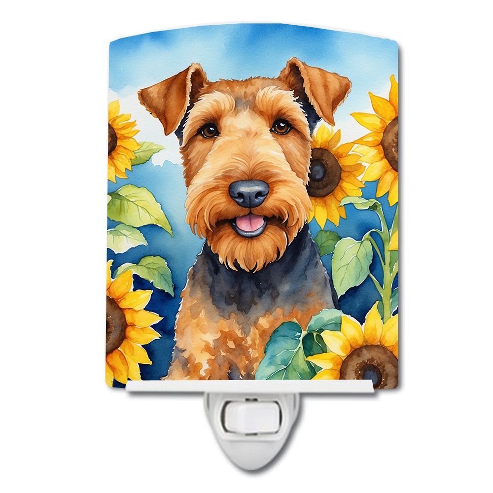 NEW Airedale Terrier in Sunflowers Ceramic Night Light Compact, UL-Certified, Ideal for Bedroom, Bathroom, Nursery, Hallway, Kit