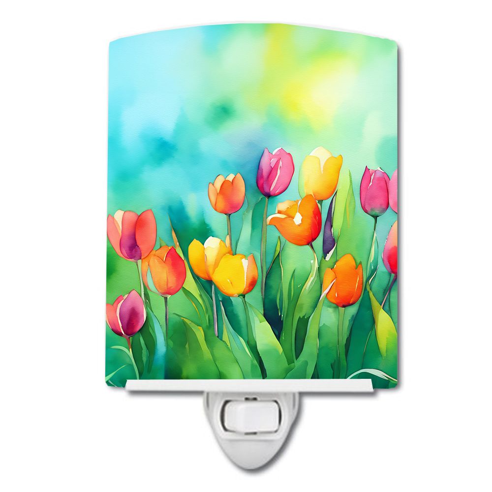 NEW Tulips in Watercolor Ceramic Night Light Compact, UL-Certified, Ideal for Bedroom, Bathroom, Nursery, Hallway, Kitchen, 6x4x