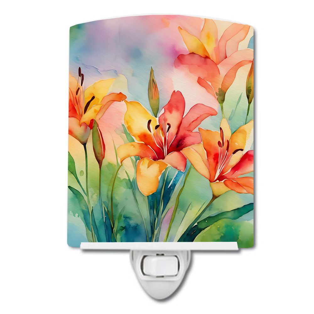 NEW Lilies in Watercolor Ceramic Night Light Compact, UL-Certified, Ideal for Bedroom, Bathroom, Nursery, Hallway, Kitchen, 6x4x