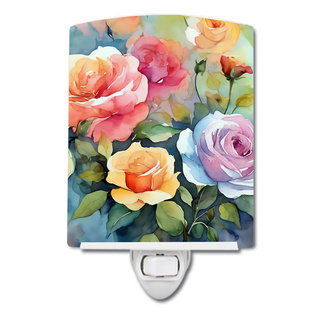 NEW Roses in Watercolor Ceramic Night Light Compact, UL-Certified, Ideal for Bedroom, Bathroom, Nursery, Hallway, Kitchen, 6x4x3
