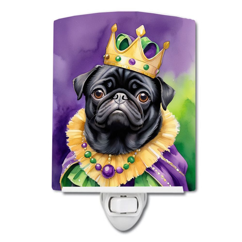 NEW Black Pug King of Mardi Gras Ceramic Night Light Compact, UL-Certified, Ideal for Bedroom, Bathroom, Nursery, Hallway, Kitch