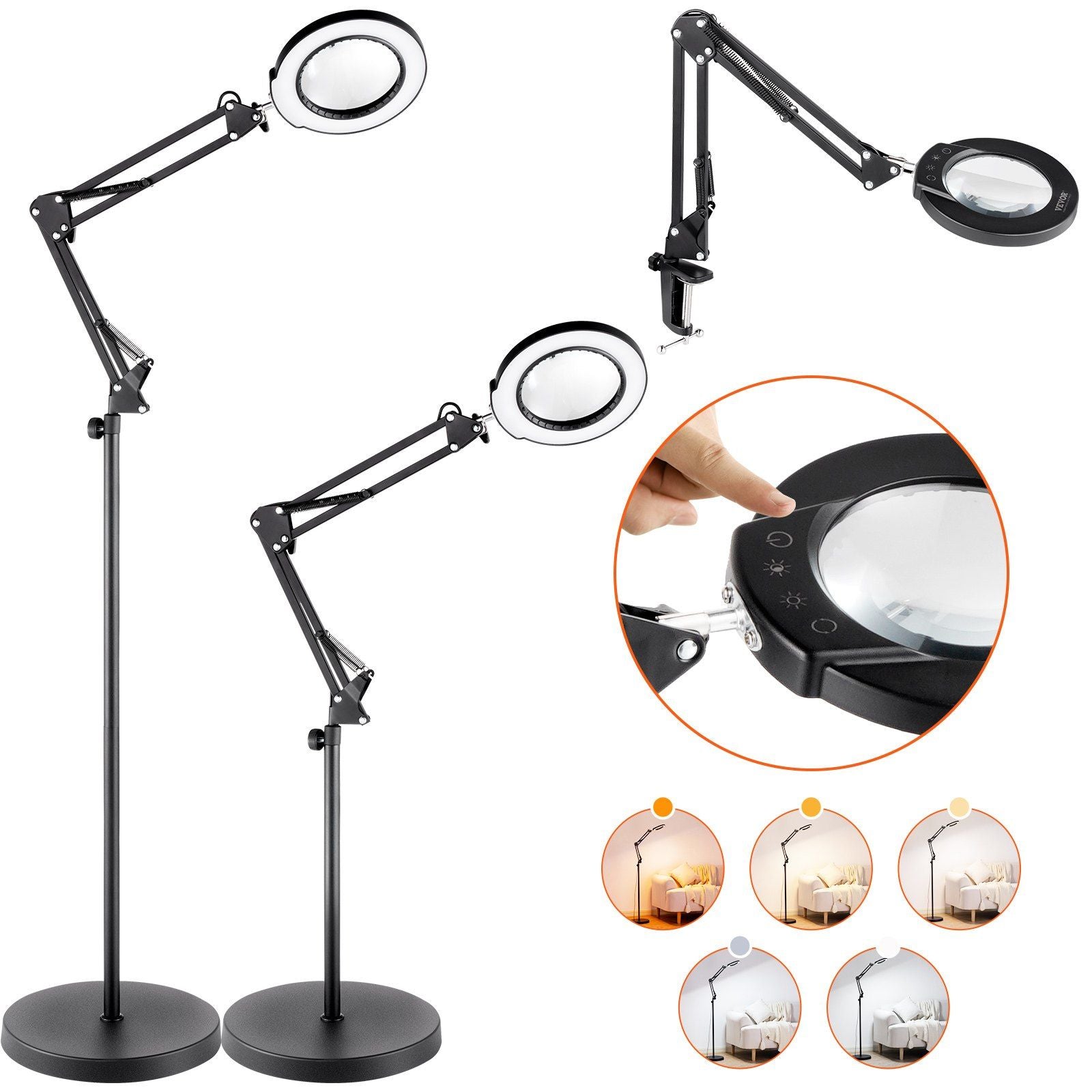 Vevor Magnifying Floor Lamp - 5X Height Adjustable Floor Standing Magnifying Glass 3-In-1 Led 5 Color Modes Stepless Dimmable With Flexible Arm For Reading Craft