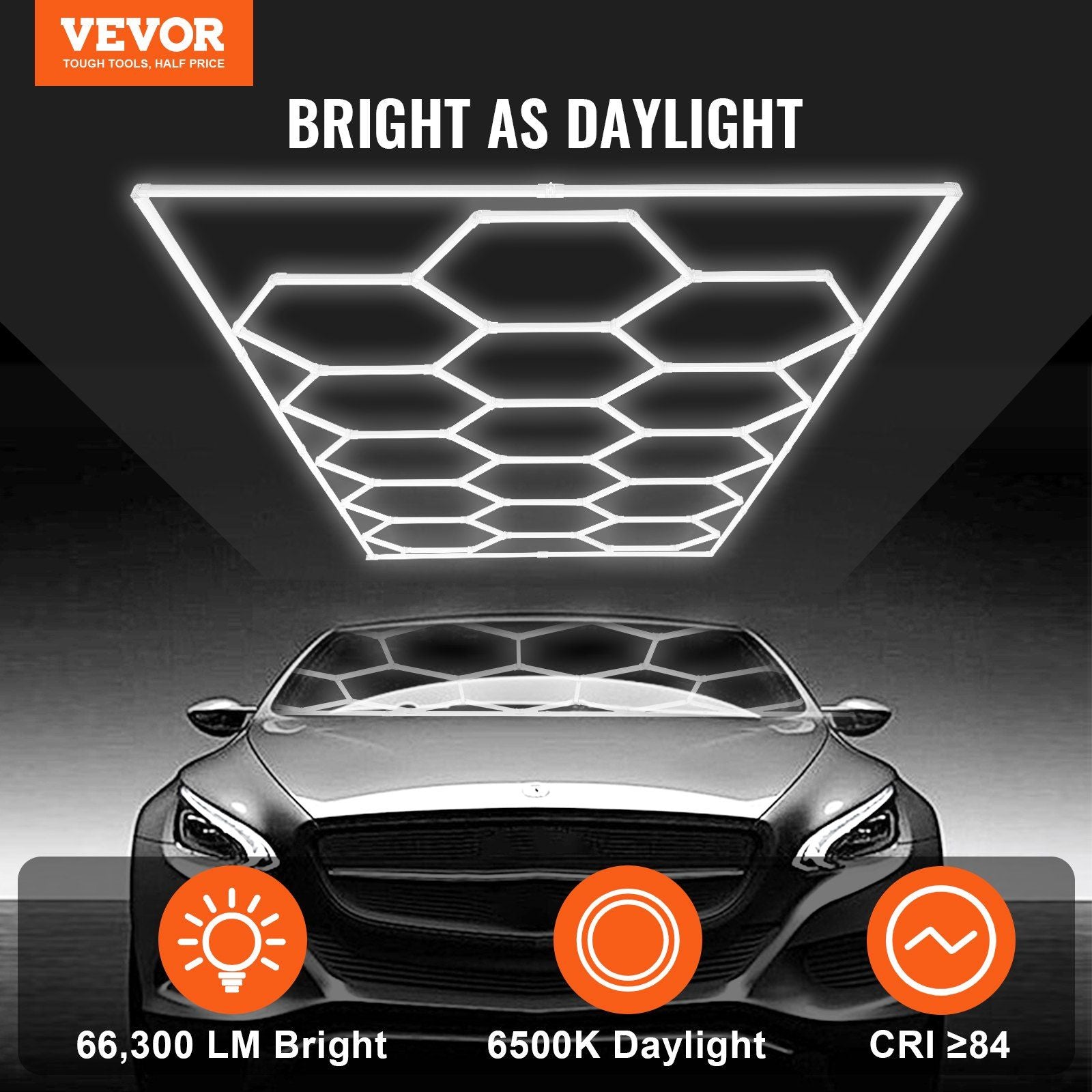 Vevor Hexagon Garage Lights, 66300Lm, 6500K 15 Grid Systems Honeycomb Hexagonal Led Lights, Diy Cool White Car Detailing Ceiling Lighting Bright Shop Light For Gym Basement Workshop