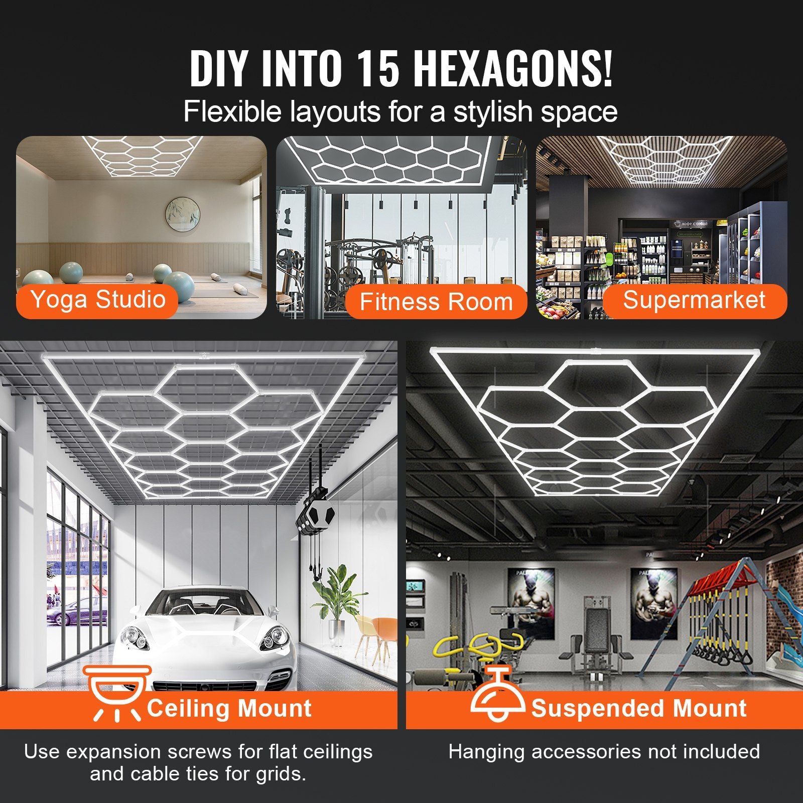 Vevor Hexagon Garage Lights, 66300Lm, 6500K 15 Grid Systems Honeycomb Hexagonal Led Lights, Diy Cool White Car Detailing Ceiling Lighting Bright Shop Light For Gym Basement Workshop