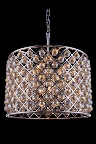 Elegant Lighting 8-Light Pendant Lamp, Polished Nickel, 27.5inLx27.5inWx21inH, Royal Cut Golden Teak Crystals, Model 1206D27PN