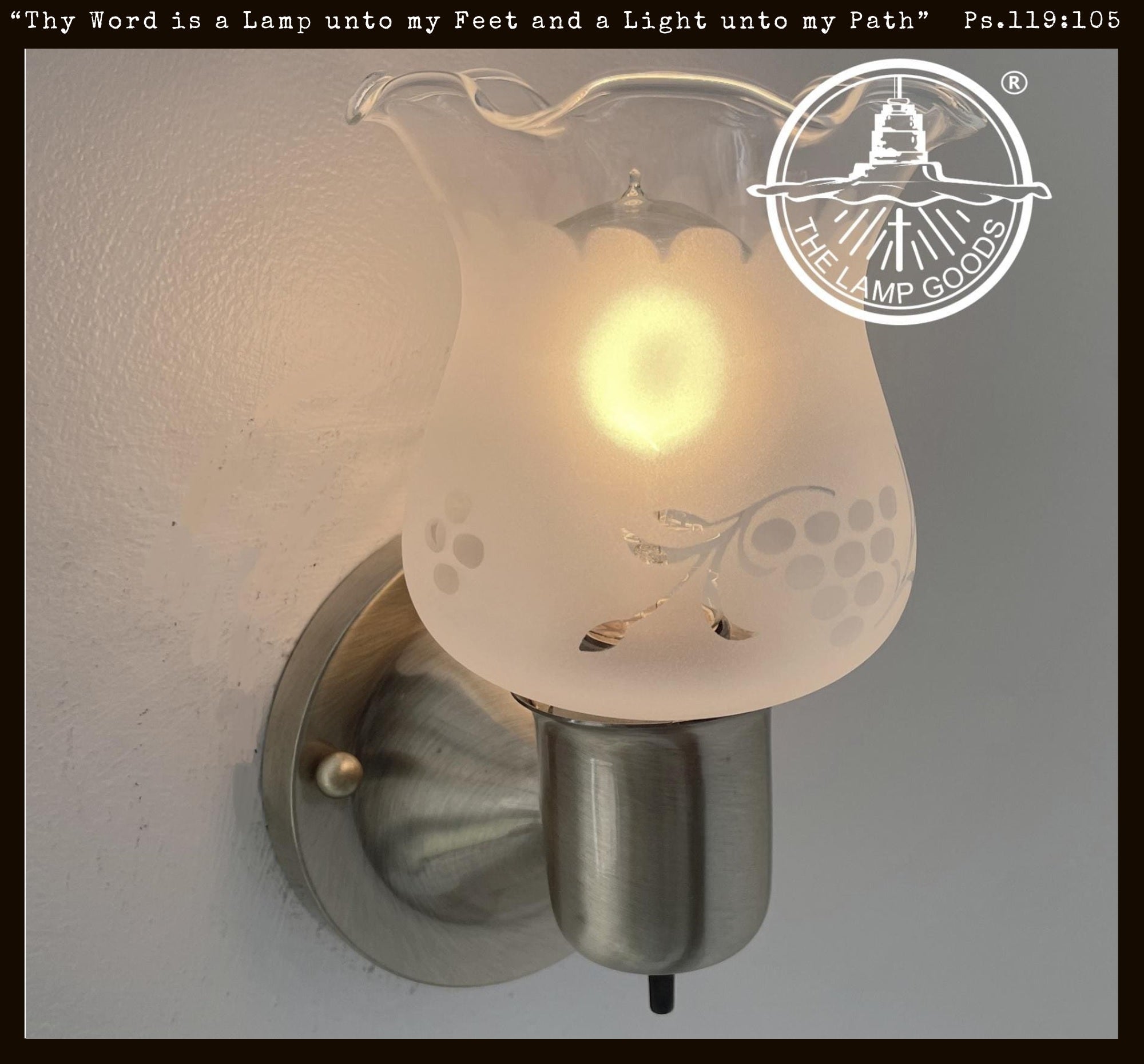Etched Antique 1960's Glass Wall Sconce Light Fixture with On/Off Switch Antique Brass