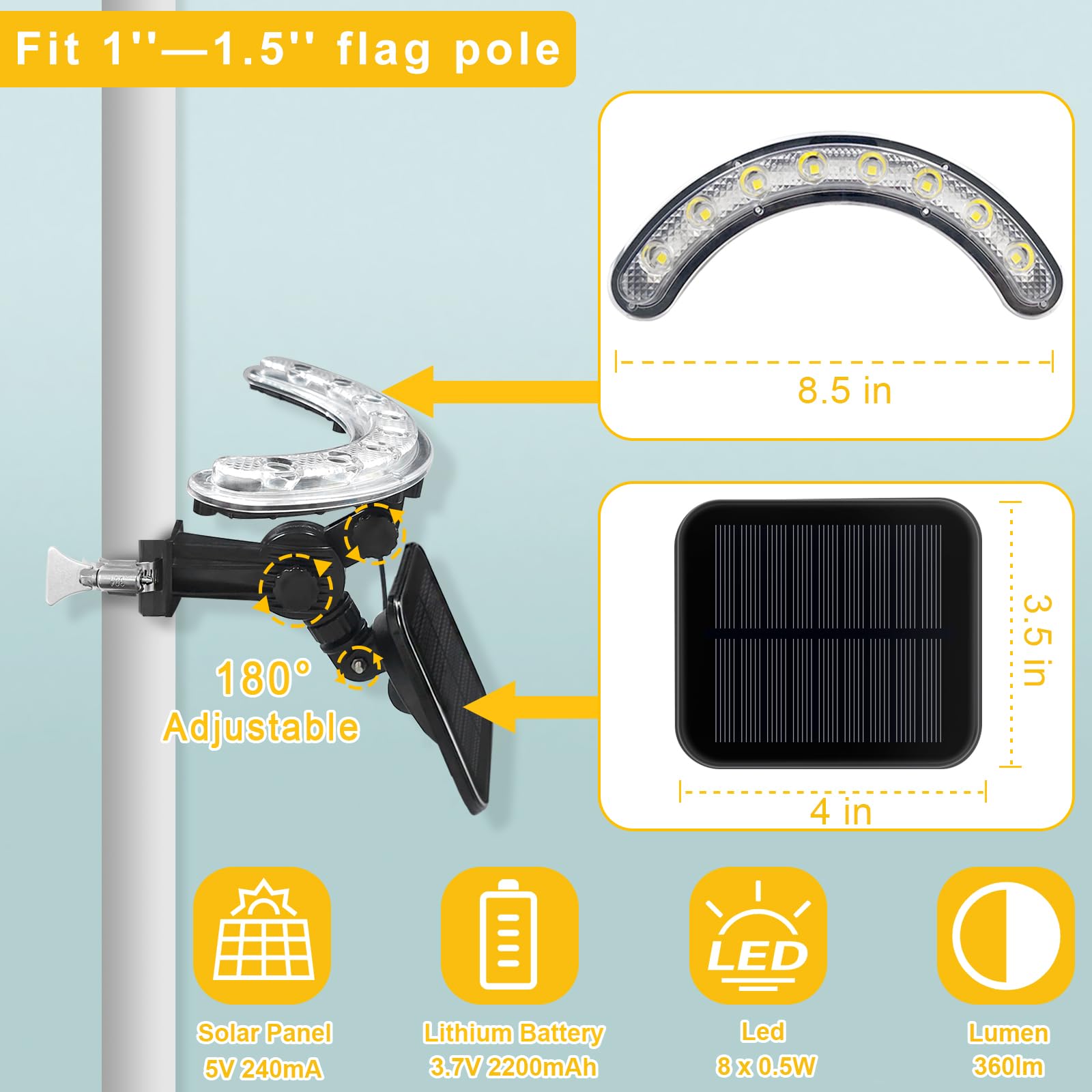 Flag Pole Light Outdoor Solar Flagpole Light House Mount with Adjustable 180° Direction, 360lm Brightness, IP65 Waterproof for 1''-1.5" Poles