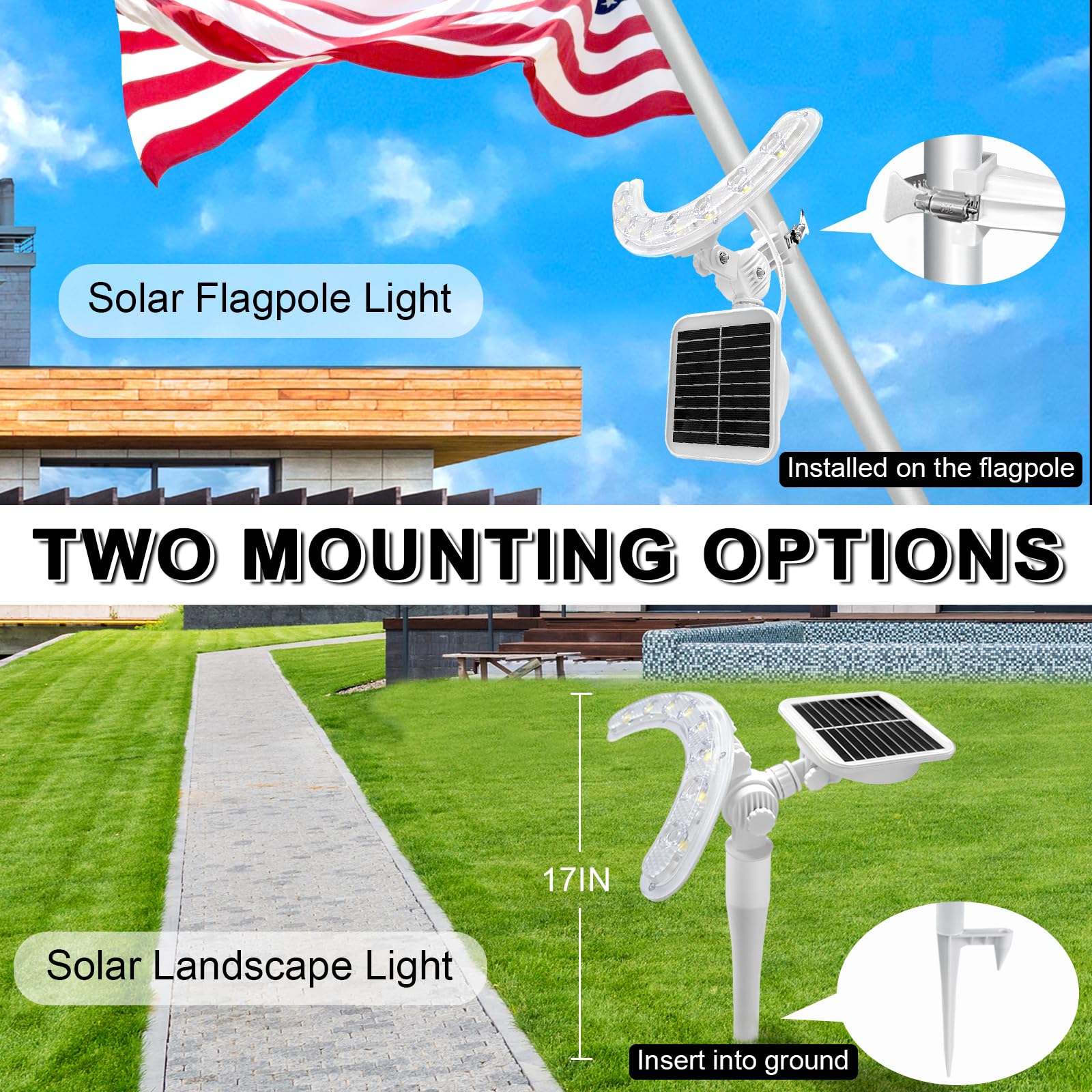 Flag Pole Light Outdoor Solar Flagpole Light House Mount with Adjustable 180° Direction, 360lm Brightness, IP65 Waterproof for 1''-1.5" Poles