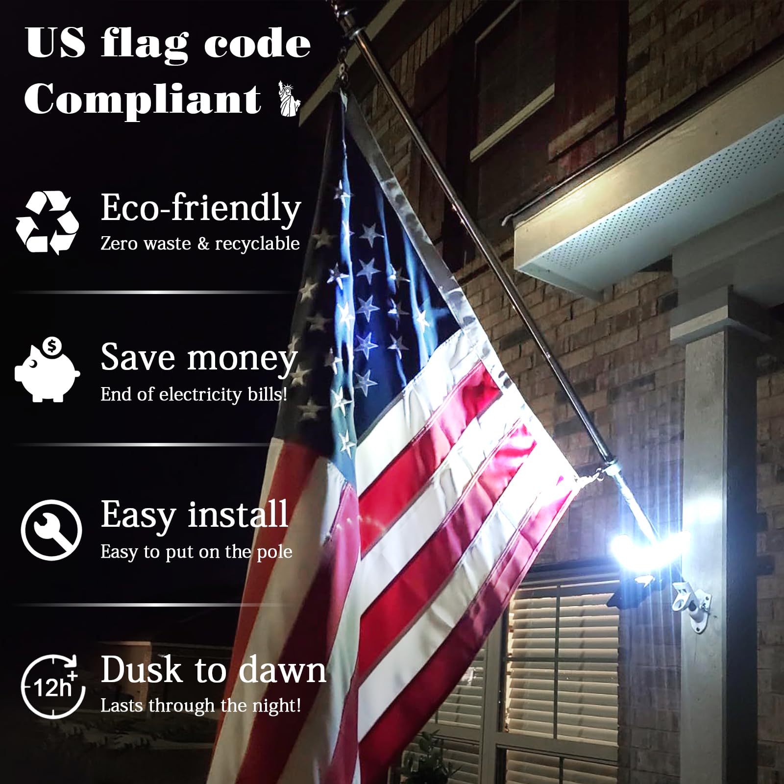 Flag Pole Light Outdoor Solar Flagpole Light House Mount with Adjustable 180° Direction, 360lm Brightness, IP65 Waterproof for 1''-1.5" Poles