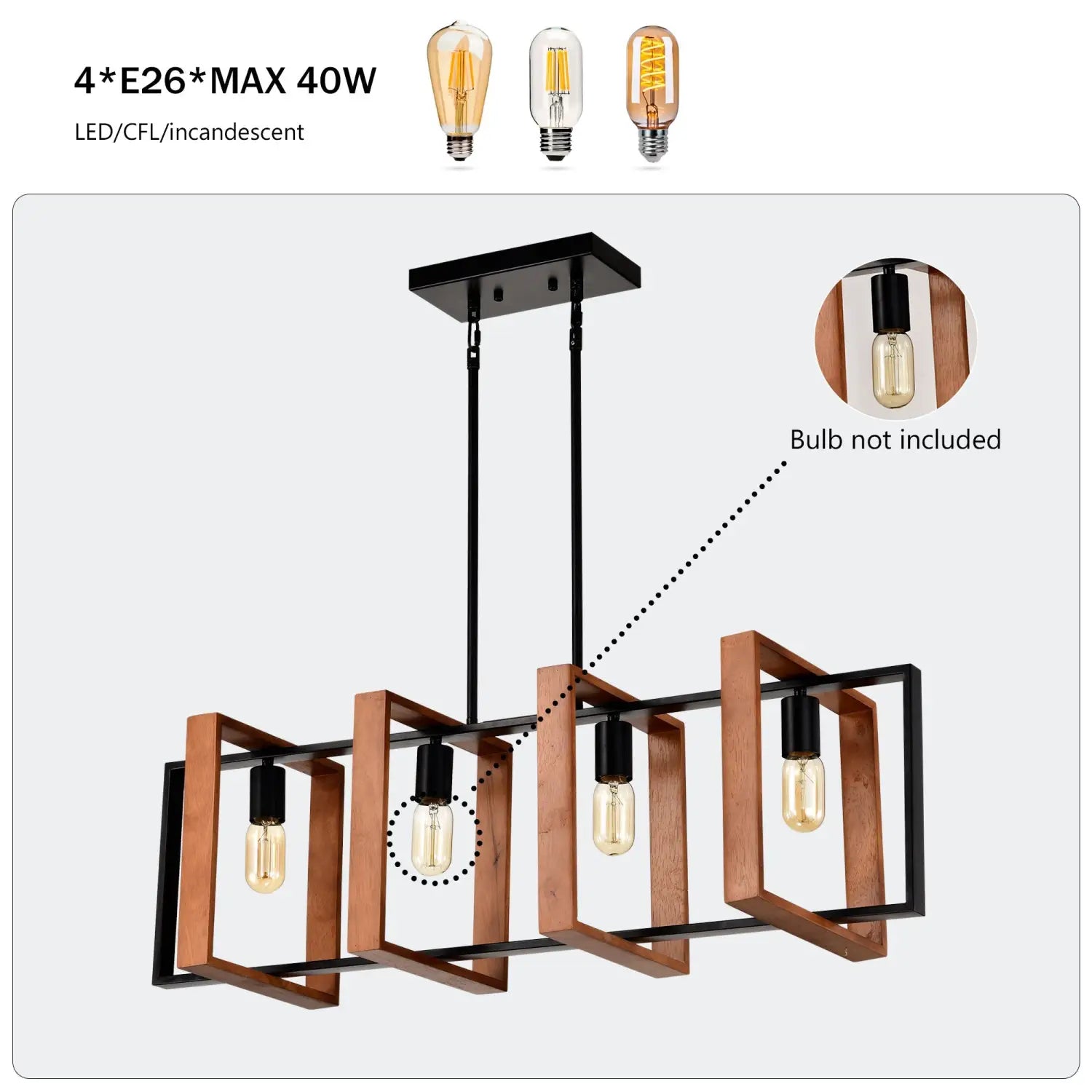 Hanging Lights for Hall with Rustic Wood, 4-Light Fixture & Black Metal Design