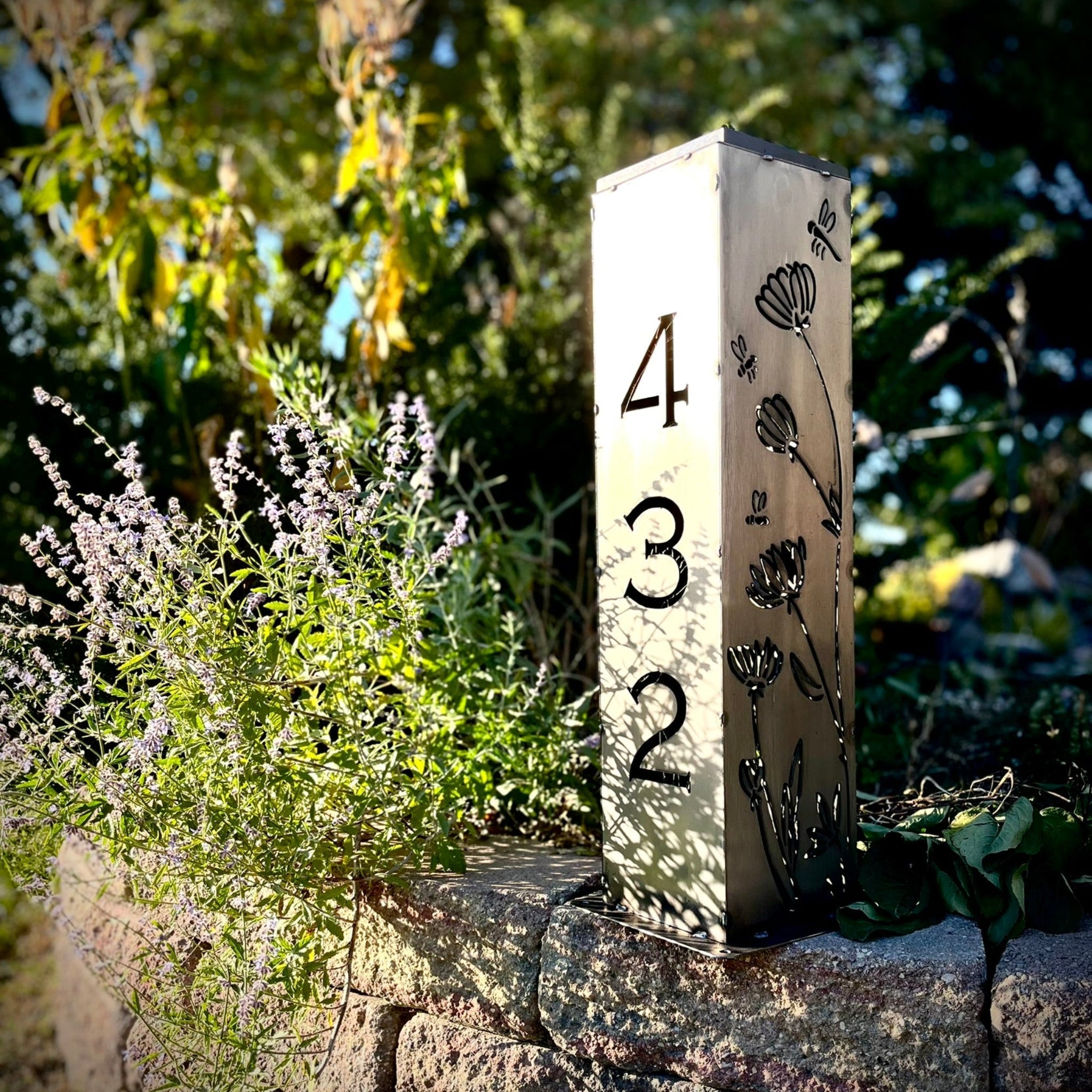 Home Address Wildflower Solar Pillar Light - Steel