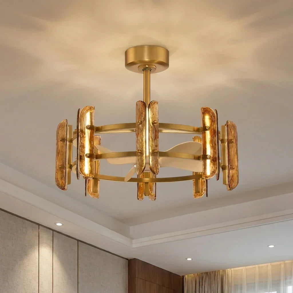 Perimost 32 Inch Astrid Electroplated Golden Luxury LED Fandelier with Remote Control