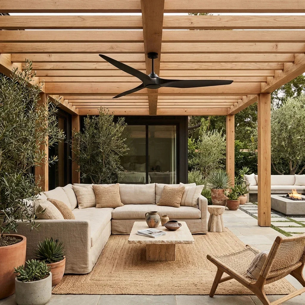 100 Inch Simon Black IP44 Outdoor Downrod Mount Ceiling Fan with Remote Control