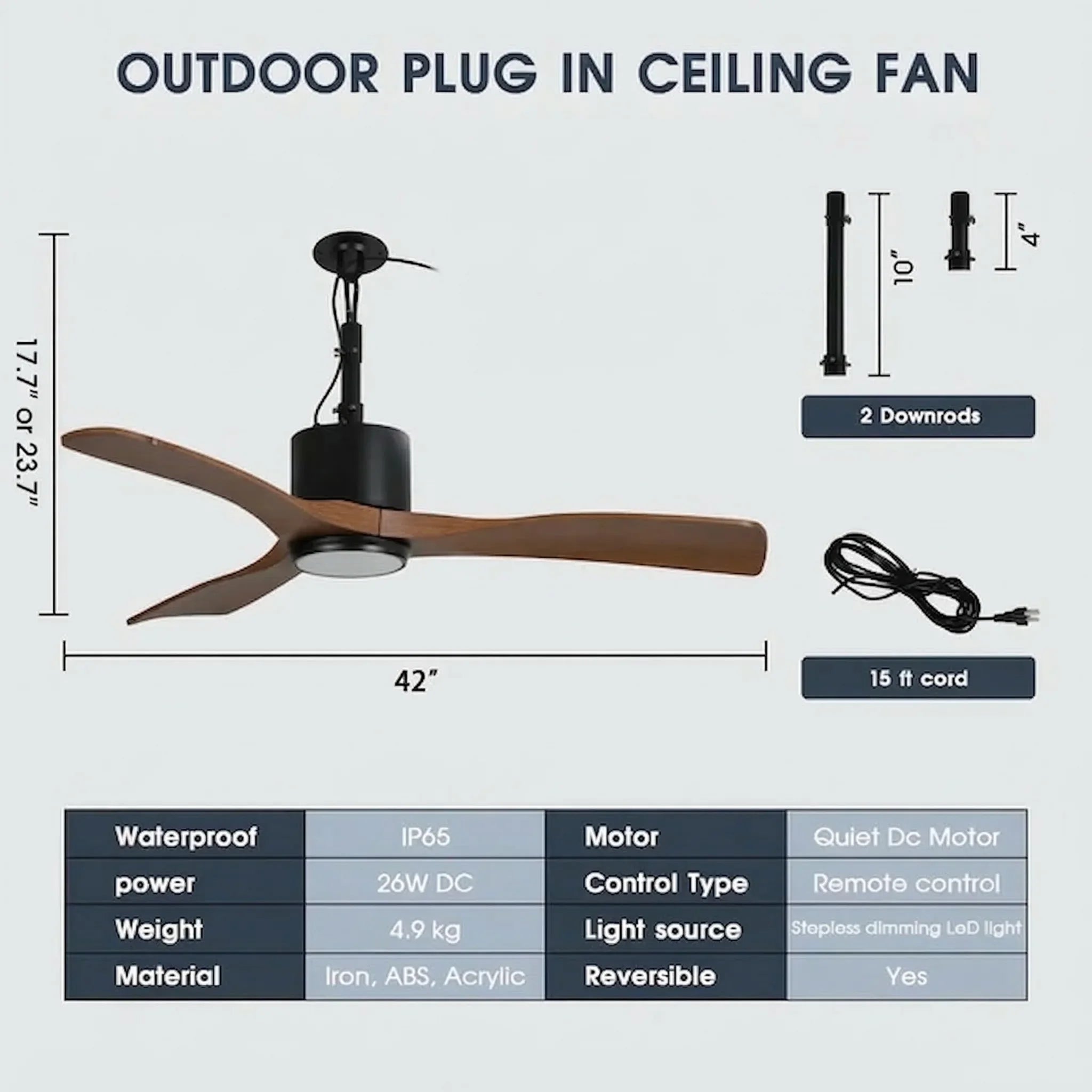 42 Inch Patio Guard IP65 Outdoor DC Motor Black Modern Hanging Buckle Downrod Ceiling Fan with Light
