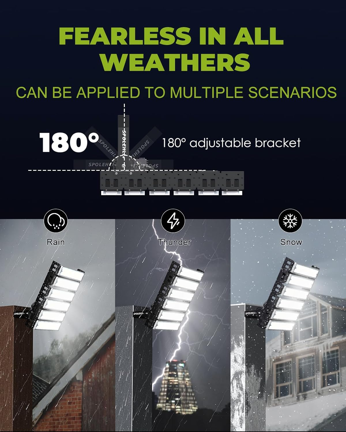 300W LED Stadium Flood Light, 48,000 Lumens, Plug-In, Commercial, Arena, Sports Field Light, IP66 Waterproof, 6500K.
