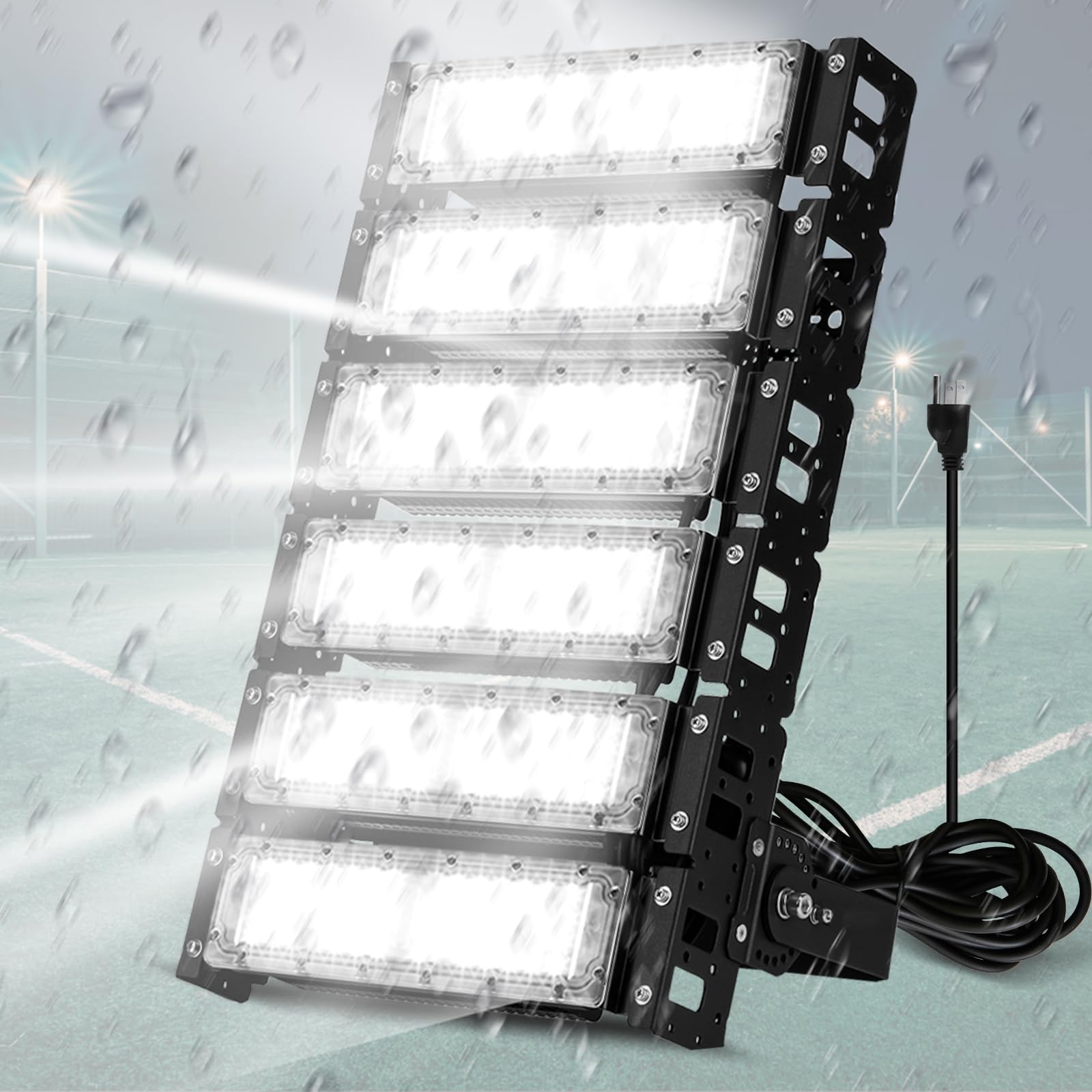 300W LED Stadium Flood Light, 48,000 Lumens, Plug-In, Commercial, Arena, Sports Field Light, IP66 Waterproof, 6500K.