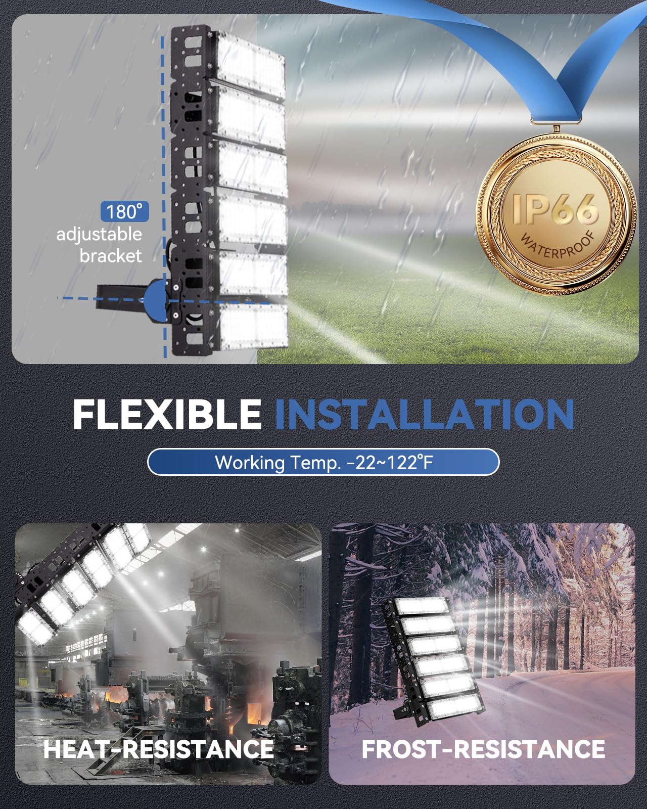 300W LED Stadium Flood Light, 48,000 Lumens, Plug-In, Commercial, Arena, Sports Field Light, IP66 Waterproof, 6500K.