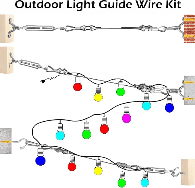 LumenX 165FT Outdoor String Light Hanging Kit – 304 Stainless Steel Guide Wire with Turnbuckles, Cable Clamps, Carabiners and Installation Tools
