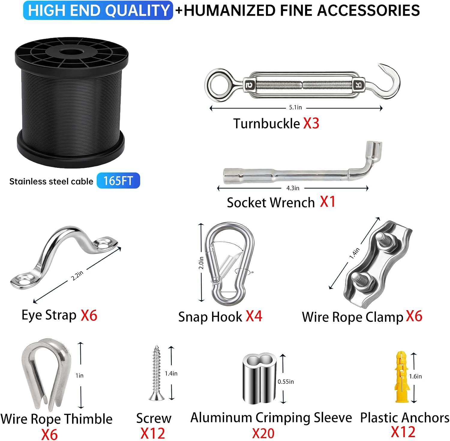 LumenX 165FT Outdoor String Light Hanging Kit – 304 Stainless Steel Guide Wire with Turnbuckles, Cable Clamps, Carabiners and Installation Tools