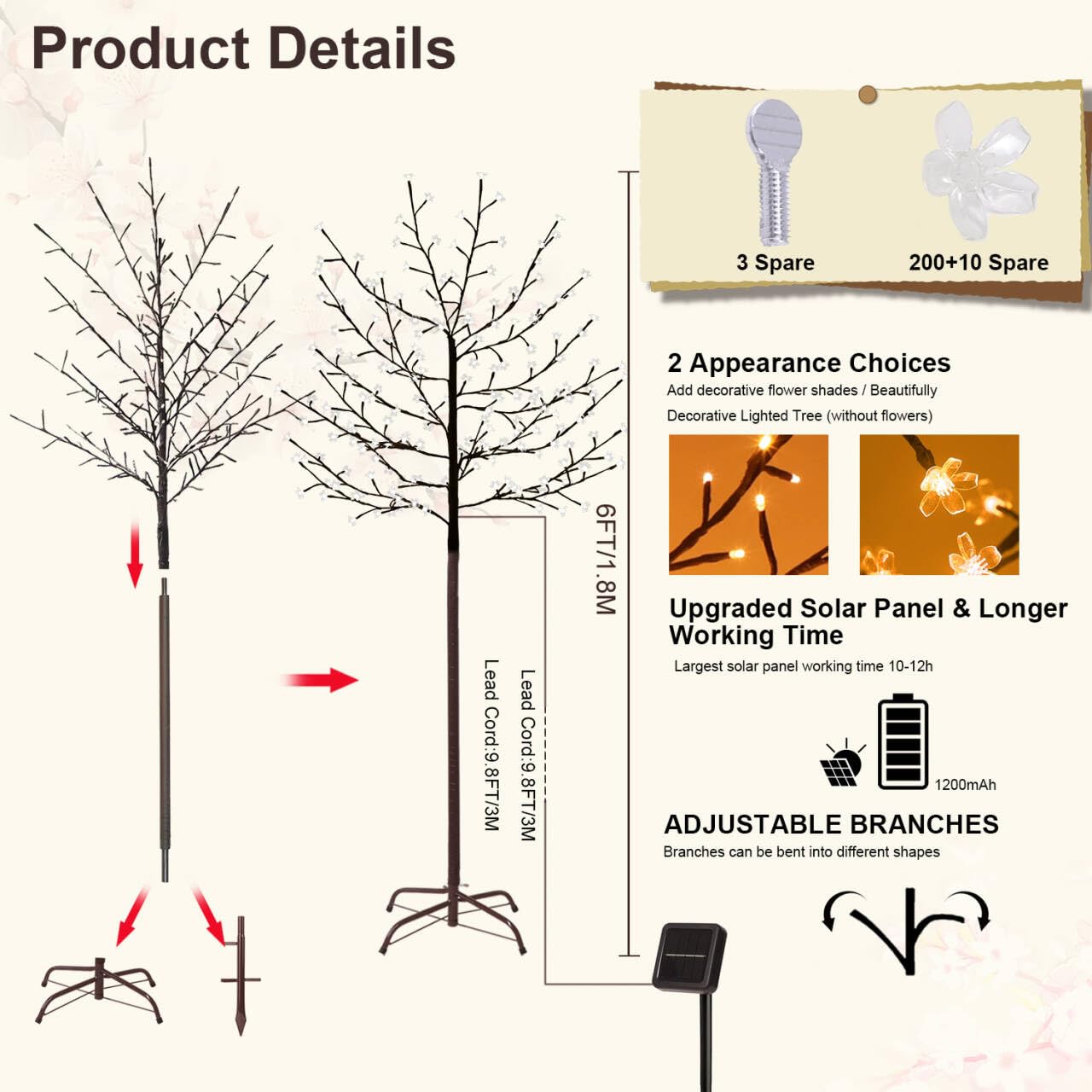 LumenX 6FT Solar Lighted Cherry Blossom Tree, 200 LED Warm White Artificial Flower Tree for Outdoor Porch, Wedding, Garden & Holiday Decor