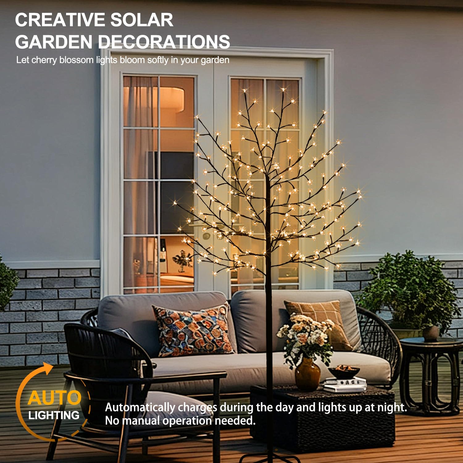 LumenX 6FT Solar Lighted Cherry Blossom Tree, 200 LED Warm White Artificial Flower Tree for Outdoor Porch, Wedding, Garden & Holiday Decor