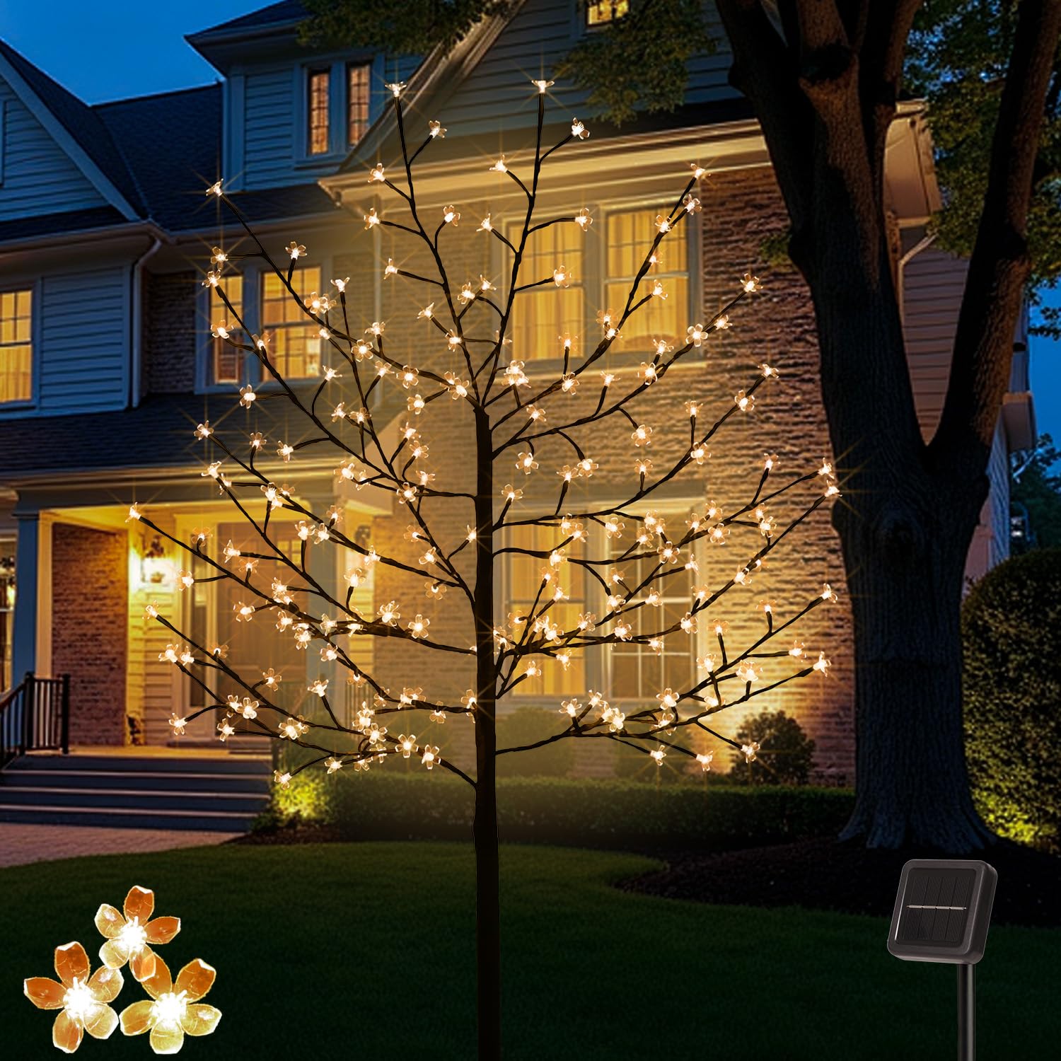 LumenX 6FT Solar Lighted Cherry Blossom Tree, 200 LED Warm White Artificial Flower Tree for Outdoor Porch, Wedding, Garden & Holiday Decor