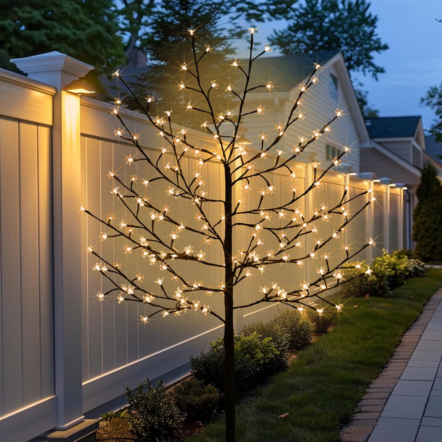 LumenX 6FT Solar Lighted Cherry Blossom Tree, 200 LED Warm White Artificial Flower Tree for Outdoor Porch, Wedding, Garden & Holiday Decor