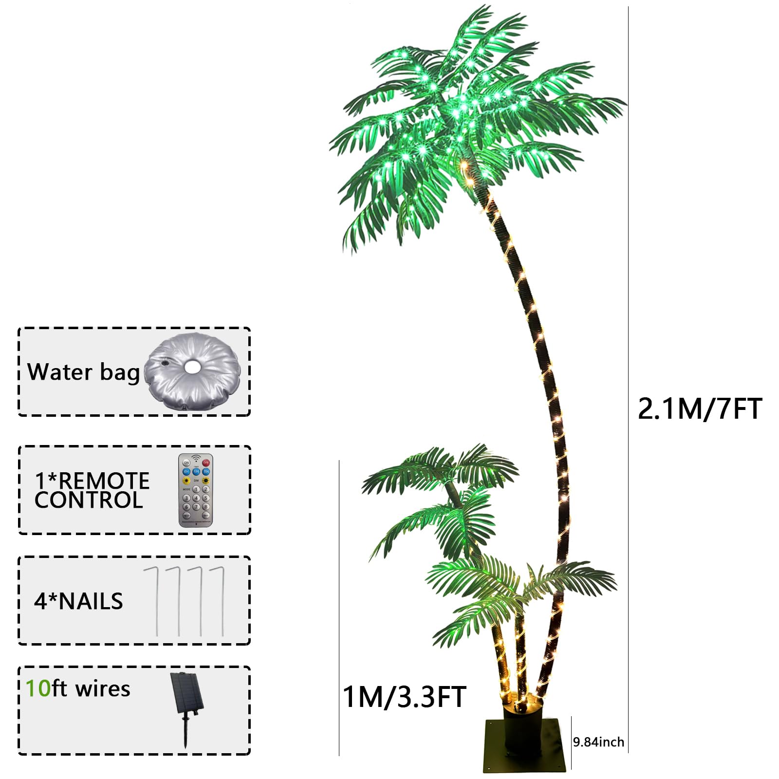 LumenX 7FT Solar Lighted Palm Tree, 260 LED 3-Trunk Artificial Palm Tree with Remote, 8 Modes, Timer & USB-C Charging for Outdoor Patio, Pool, Christmas & Tropical Decor