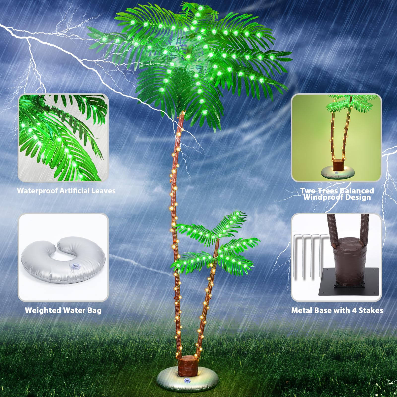 LumenX 7FT Solar Lighted Palm Tree, 260 LED 3-Trunk Artificial Palm Tree with Remote, 8 Modes, Timer & USB-C Charging for Outdoor Patio, Pool, Christmas & Tropical Decor