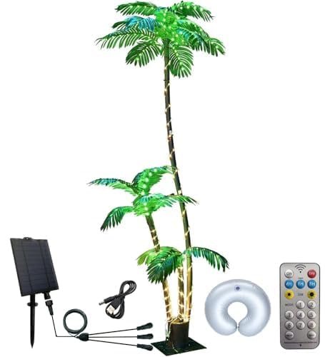 LumenX 7FT Solar Lighted Palm Tree, 260 LED 3-Trunk Artificial Palm Tree with Remote, 8 Modes, Timer & USB-C Charging for Outdoor Patio, Pool, Christmas & Tropical Decor
