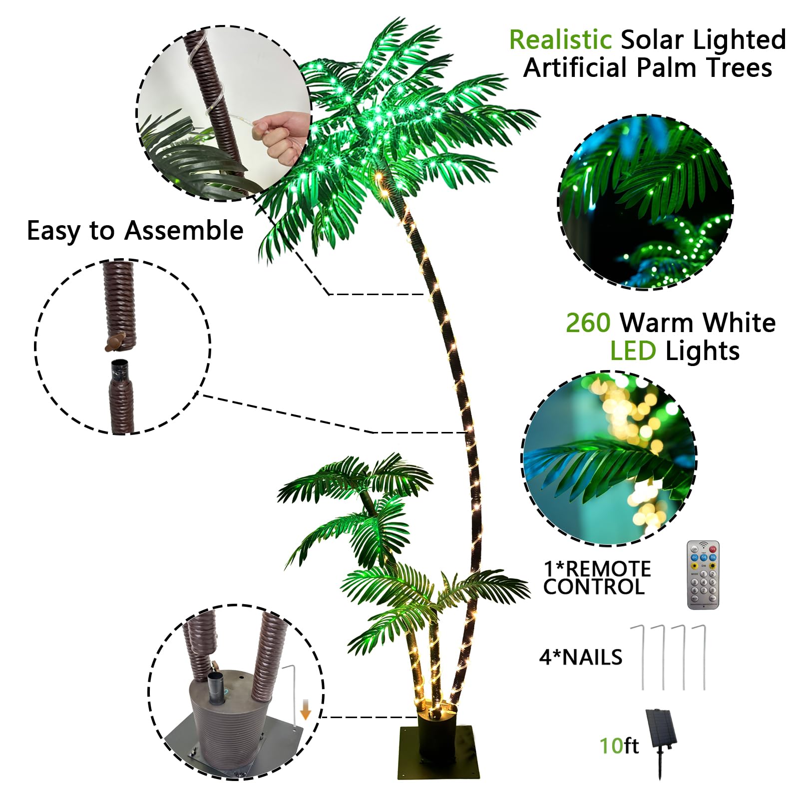 LumenX 7FT Solar Lighted Palm Tree, 260 LED 3-Trunk Artificial Palm Tree with Remote, 8 Modes, Timer & USB-C Charging for Outdoor Patio, Pool, Christmas & Tropical Decor