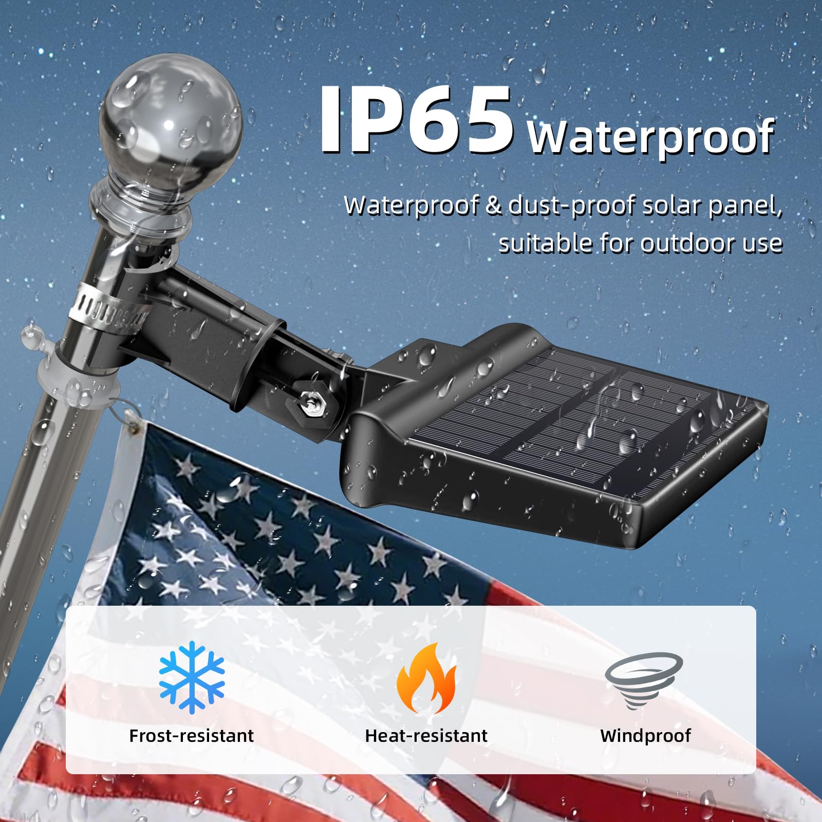 LumenX Flag Pole Light Solar Powered 3 Mode Metal Clamps Fits 5ft 6ft Wall-Mounted Flag Poles Top Mount