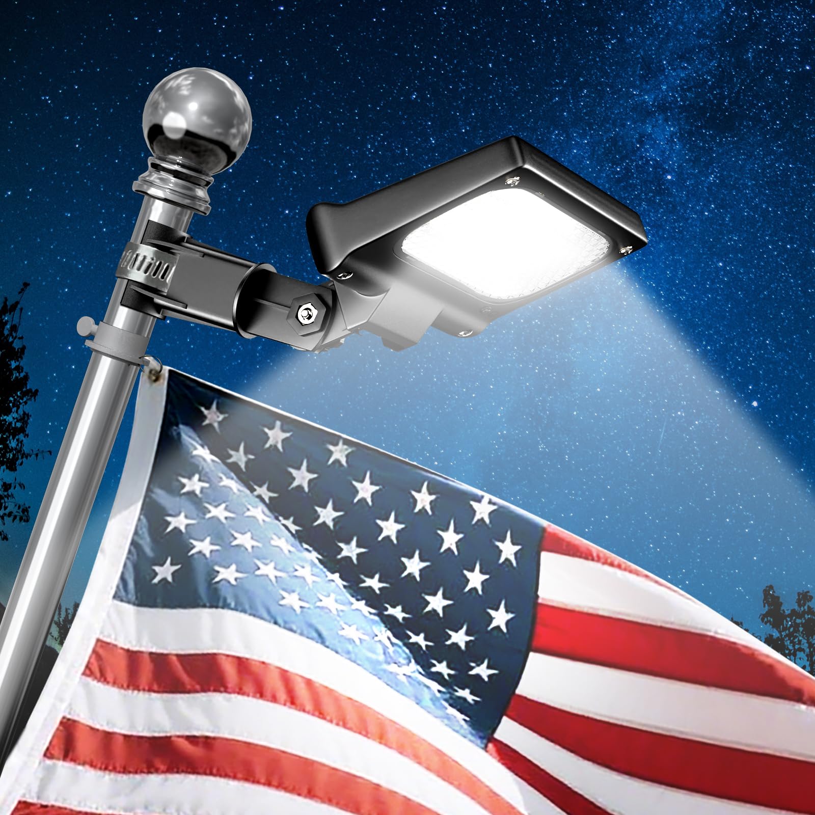 LumenX Flag Pole Light Solar Powered 3 Mode Metal Clamps Fits 5ft 6ft Wall-Mounted Flag Poles Top Mount