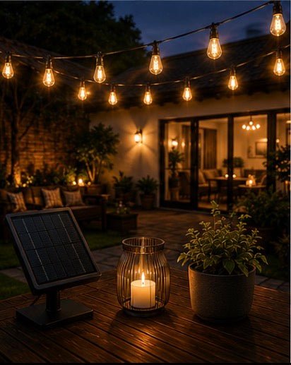 LumenX Pro Solar Spiral Sting Light -Super Bright 48 Ft, 15 Bulbs Waterproof LED Outdoor String Lights 4W Vintage Spiral Edison Bulbs - 48 Ft Commercial Grade Patio Lights