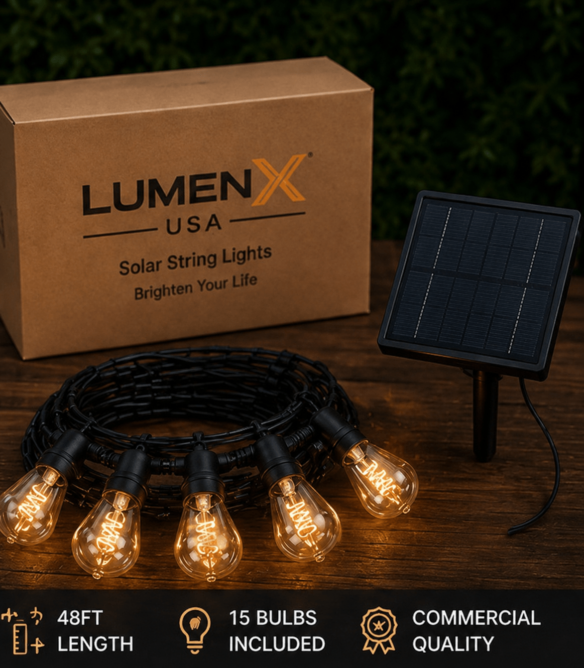 LumenX Pro Solar Spiral Sting Light -Super Bright 48 Ft, 15 Bulbs Waterproof LED Outdoor String Lights 4W Vintage Spiral Edison Bulbs - 48 Ft Commercial Grade Patio Lights